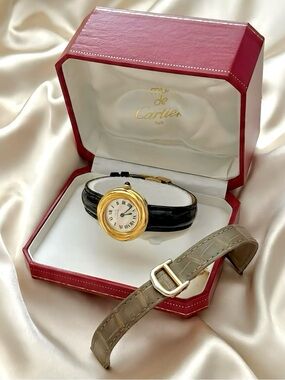 AUTHENTIC RARE VINTAGE CARTIER TRINITY BLACK LEATHER WATCH - W BOX & EXTRA STRAP